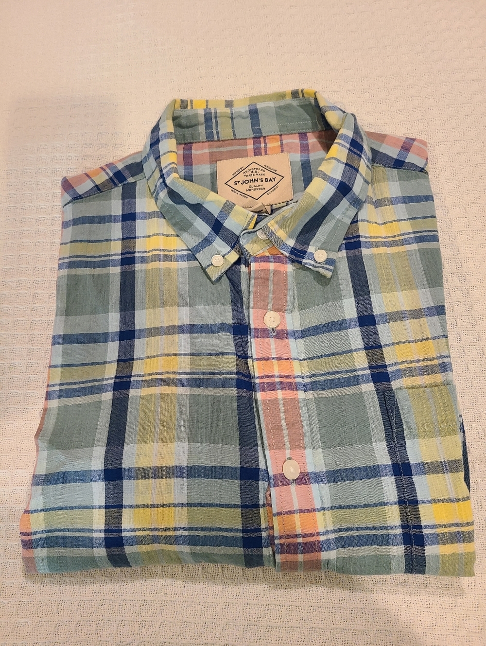 St. John's XL  Bay Pastel Plaid Button-Down Shirt - Blue, Green, Yellow, Pink